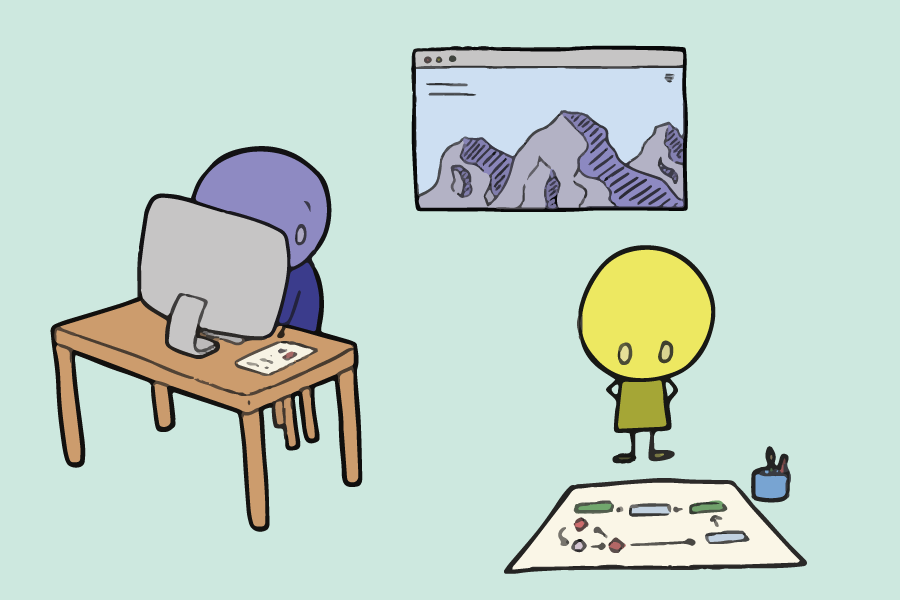 an illustration of someone working on the computer, someone reviewing a flow chart, and a web page with purple mountains