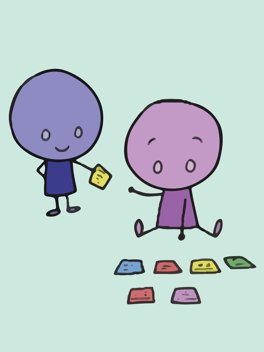 two purple cartoon characters sort cards on the ground