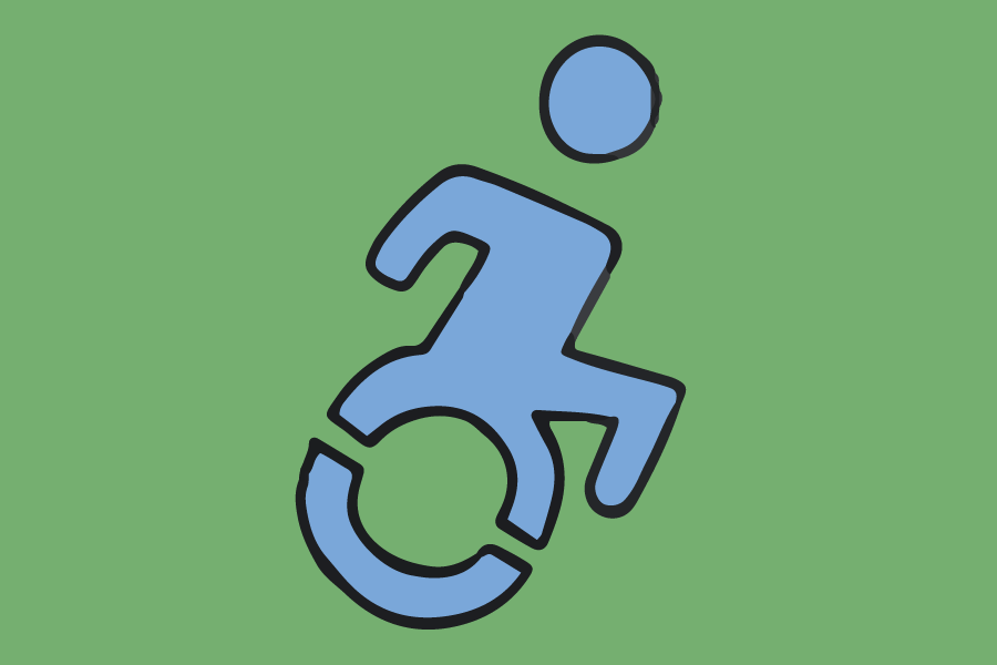 an illustrated blue wheelchair-riding icon leaning forward in motion